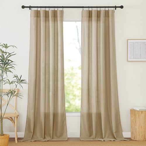 RYB HOME Light Reducing Linen Sheer Curtain Flax Linen Semi Transparent Privacy Drapes Breathable Long Curtains for Living Room, Farmhouse, Doorway,Wide 52 by Long 108 inch, 2 Pcs