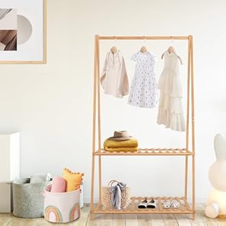 Small Clothes Rack Kids Dress Up Storage for Playroom, Toddlers Bedroom, Bamboo Child Garment Rack with 2 Tier Storage Shelf, Kids Clothing Rack Costumes Organizer
