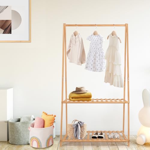 Small Clothes Rack Kids Dress Up Storage for Playroom, Toddlers Bedroom, Bamboo Child Garment Rack with 2 Tier Storage Shelf, Kids Clothing Rack Costumes Organizer