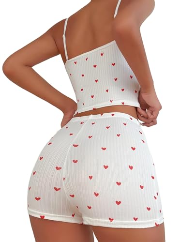 Image of Hilinker Womens Graphic 2 Piece Pajama Set Summer Cute Crop Cami and Shorts Ribbed Lounge Sets