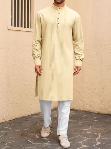 Image of Runcati Mens Kaftan Robe Button Down Long Sleeve Cotton Linen Thobe Casual Muslim Gown Henley Shirt