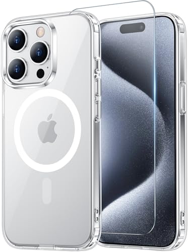 Temdan for iPhone 15 Pro Max Case Clear with Screen Protector, Compatible with Magsafe, Anti-Yellowing, Military-Grade Protection, Shockproof Slim Magnetic Phone Case Cover, Transparent