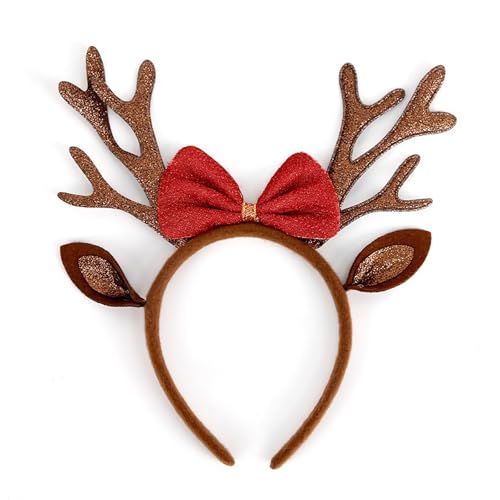 AIUPUOC Diadema de cuernos de reno, accesorios para el cabello de Navidad para mujer, trajes de fiesta, lindas orejas de reno doradas, cuernos rojos con purpurina, diadema para fiestas, accesorios