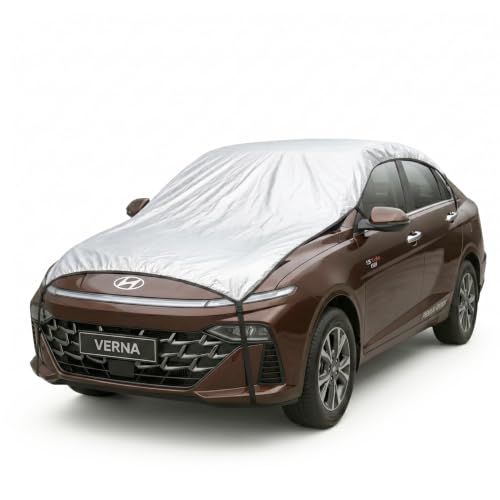 Image of Pivalo Half Car Body Cover for Sedan Cars (All Models & Years) | 100% Waterproof Outdoor UV & Heat All Weather Protection | Triple Stitched 3 Layer with Adjustable Straps Cover (Reflective Silver)
