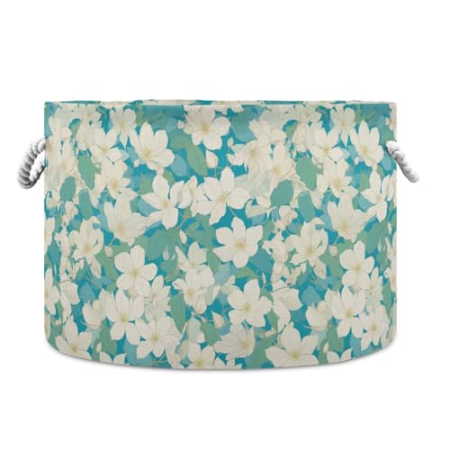 Yoogain Chic White Clematis Flowers Teal Background storage basket and waterproof fabric storage with sturdy handle stuff crate little for cloth gift clothing
