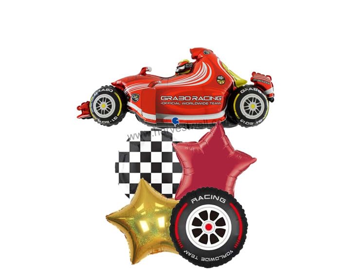 Image of Atpata Funky Hot Red Formula 1 Racing Car Foil Balloon Set with Checkered Theme Round Balloons & Red Yellow Star Balloons ? for Race Car Birthday Party Decorations & Racing Theme Celebrations
