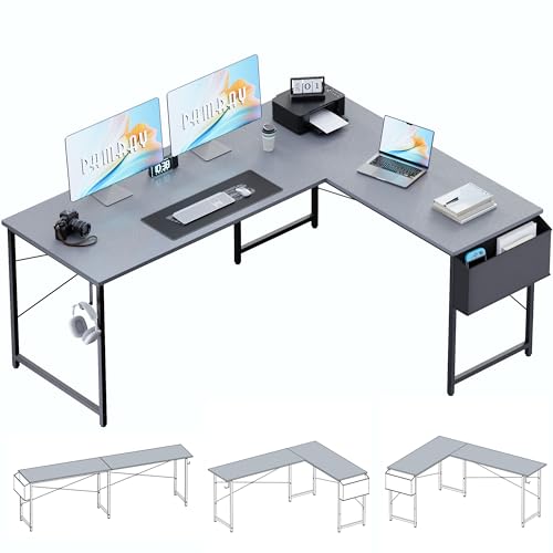 Image of Pamray 64.5 Inch Reversible L Shaped Gaming Desk Large Corner Computer Desk with Storage Bag Home Office Table for Writing Study Grey