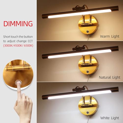 Image of Modern Dimmable Vanity Light Fixtures, Plug-in Rotatable Wall Sconce | 3000K /4500K /6000K Multi CCT Picture Display Wall Mount Lamp 8W 16 Inch(Brass)