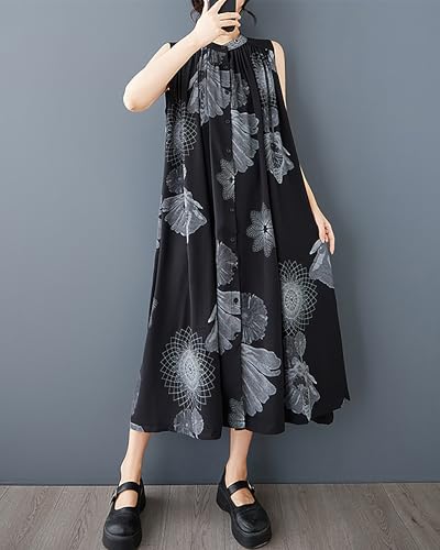 ellazhu Women's Shirt Dress Crewneck Sleeveless Two Side Pockets Patterned Flowy Hem Casual GZ3994