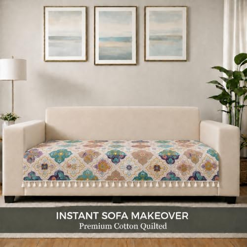 Image of STITCHNEST 'Frostvine Collection' 2 Seater Sofa Cover| Cotton Quilted Fabric, Decorative Tassels, Washable & Durable for Modern Living