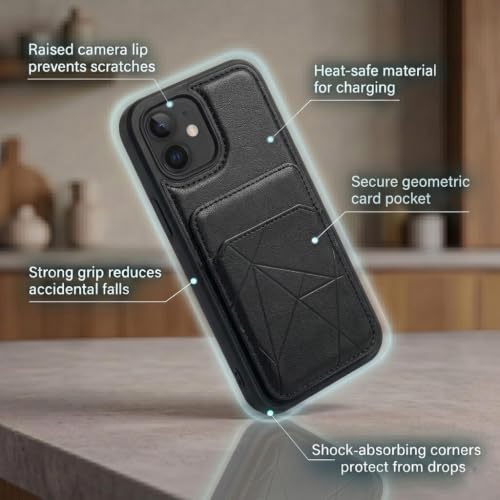 Image of amazon basics Premium Vegan Leather Back Cover with Card Holder and Integrated Mobile Stand for iPhone 11 - Slim Shockproof Wallet Case with Geometric Stitching [Black]