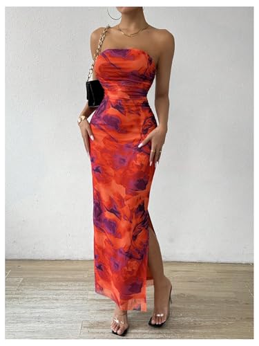 Image of GORGLITTER Women's Floral Strapless Bodycon Wedding Guest Dress Vacation Summer Birthday Tropical Maxi Long Sun Dresses