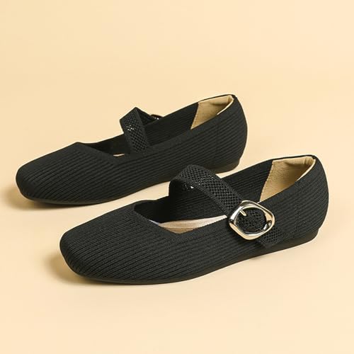 Women's Knitted Flat Mary Jane Shoes Breathable Mesh Square Toe Soft Bottom Non-Slip Adjustable Buckle Dress Flat Shoes Suitable for Business Work3