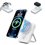 Batterie Externe 10000mAh Magnétique 3-en-1, Chargeur Portable sans Fil 15W, 22.5W USB-C Charge Rapide avec Béquille & Affichage LED, Compatible Mag-Safe pour Smartphone, Casque et Montre (Blanc)