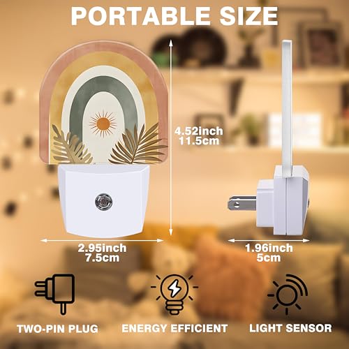 Image of Sun and Leaves Night Light, Boho Rainbow Night Lights Plug into Wall Dusk to Dawn Sensor Round Nightlight for Women Men Energy Efficient Led Lamp 0.5W for Stairway Hallway Bedroom