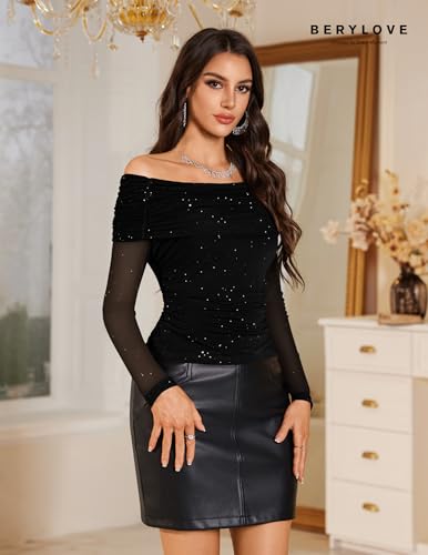 BeryLove Sequin Off Shoulder Mesh Top for Women Going Out Fall Long Sleeve Shirt3