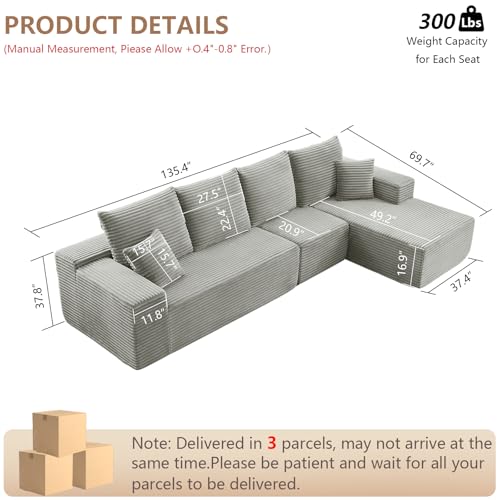 Image of 135.4 inch Modular Sectional Sofa, Modern Corduroy Cloud Couch with Deep Seat, Boneless Couch Upholstered 4-Seater L-Shaped Sofa for Living Room, No Assembly Required (Grey, Right-Facing Chaise)