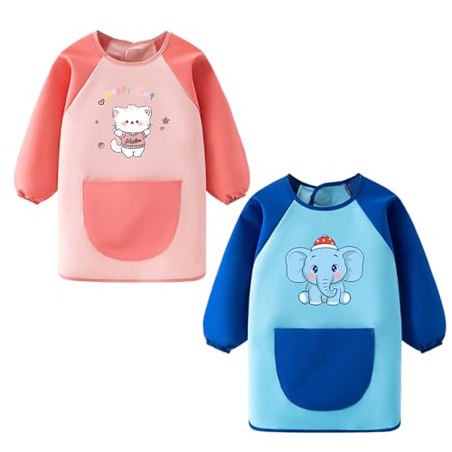 2 Pièces Tablier Peinture Enfant 4-6 Ans, Tablier Cuisine Enfant avec Manches Longues et 1 Poche, Kids Art Smock Imperméable, Enfants Peinture Manteau Rose...