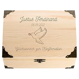 4youDesign Schatztruhe zur Konfirmation mit persönlicher Gravur – Motiv Taube – personalisiertes Geldgeschenk mit Name…