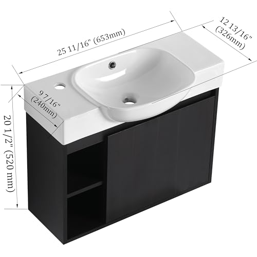 Image of 26 inch Wall Mounted Bathroom Vanity with Integrated Ceramic Sink, Modern Floating Bathroom Cabinet with Soft-Close Door & 2 Open Storage Shelves, Small Bath Vanity Set, Easy to Clean, Dark Oak