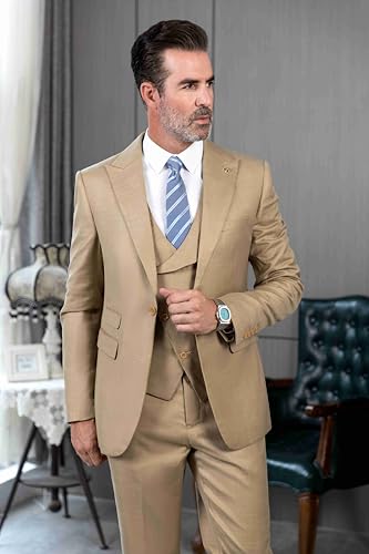 Men's 3 Piece Linen Suit Vintage Outfits Mens Peak Lapel Slim Fit Casual Suit Fashion Vest Linen Tuxedos Blazer+Vest+Pants2