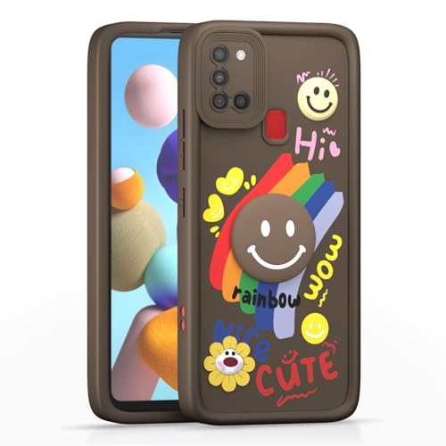 Image of Pikkme Back Cover for Samsung Galaxy A21s | Soft Silicone| Cute Rainbow Smile & 3D Cartoon Flower Design | Shockproof Raised Camera Protection Bumper Case (Brown)