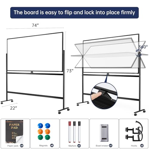 Image of Large Dry-Erase Rolling Magnetic Whiteboard - 70 x 36 Inches White Board Height Adjust Double Sides Mobile Portable Easel on Wheels, Dry Erase Board with Stand for Office, Home & Classroom