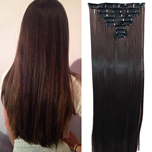 Extensiones de Cabello Natural Clip 8 Piezas Pelo Sintetico Liso Postizo Largo Full Head Clip in Hair Extension (Marrón medio)