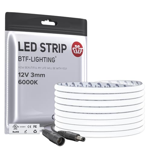 Image of BTF-LIGHTING 3mm Width Ultra Thin FCOB COB LED Strip,UL Listed Cool White 6000K Super Narrow Uniform Light,16.4FT DC12V CRI90+ LED Tape Light for Home Indoor DIY Lighting(No Adapter or Controller)