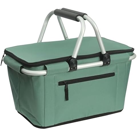 Picnic Basket, SIYUAN Collapsible Shopping Basket with Handles 27L Large Market Basket with Lid Reusable Folding Grocery Basket Insulated Cooler Bag, Green Cover