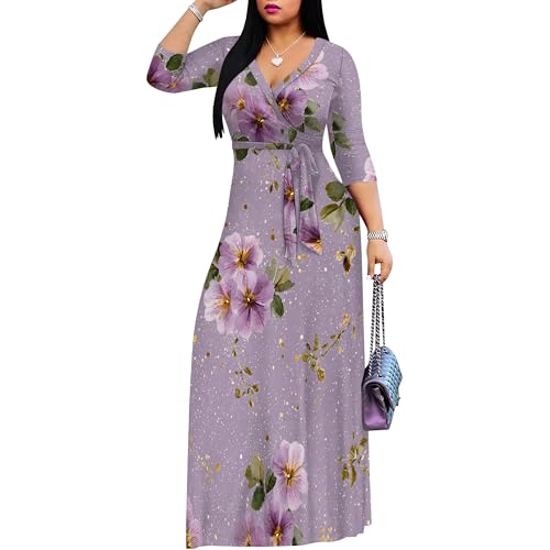 Image of SUZONANA Plus Size Dresses for Women Floral Print Maxi Dress Flowy 3 /4 Sleeve with Belt