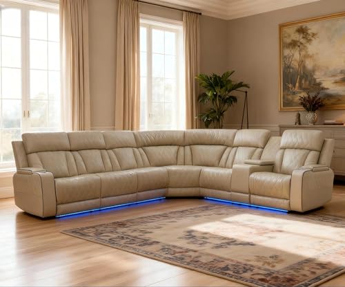 Trygoal Power Reclining Sectional Sofa Set, L-Shaped Leather Sectional Couches for Living Room, Home Theater Seating with Cup Holder, Modern Power Recliner Sofa Sets with LED Lights, Beige