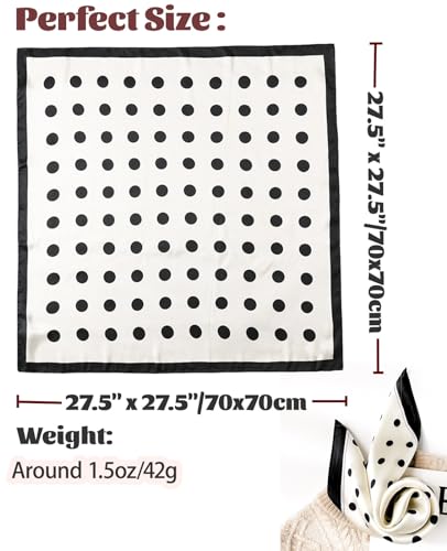 kcctoo 27.5" Mulberry Silk Feeling Head Scarf Women's Fashion Square Neck Satin Scarfs for Bag Hair Scarves Gift (K004-Beige Black Point/27.5"x 27.5")3