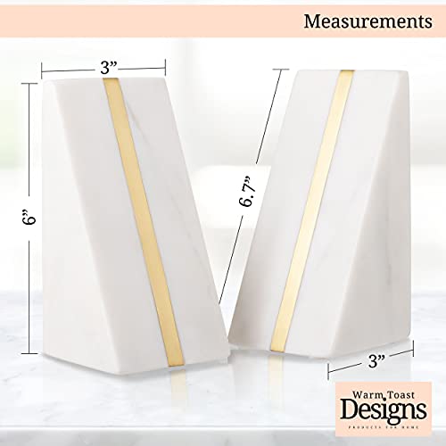 Warm Toast Designs - Marble Bookends White - 100% Polished Marble With Brass Inlay - Book Stoppers - Stylish Set Of 2 #TOP3