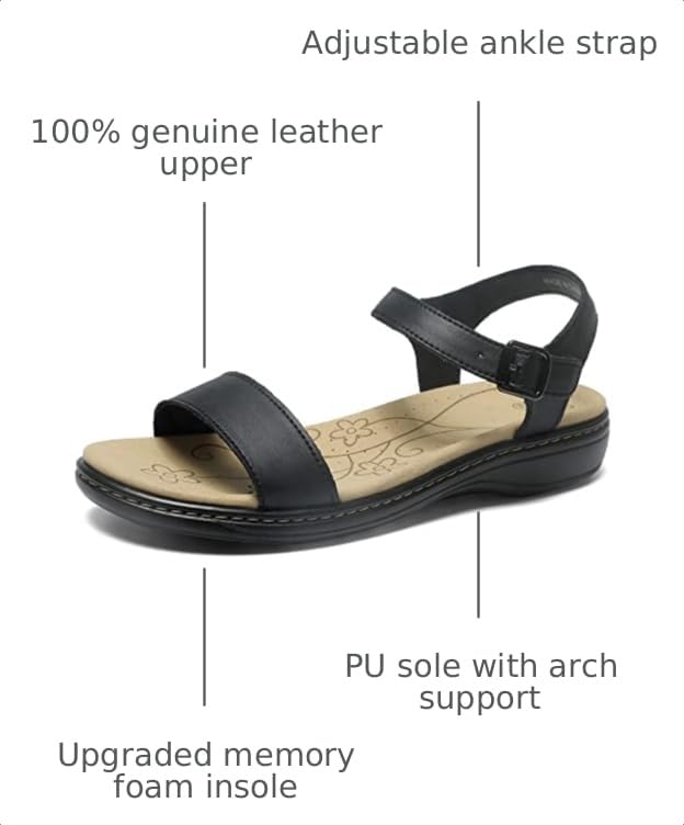 Image of Women's Classic Flat Sandals Leather Open Toes Memory Foam One Band Ankle Strap Adjustable Slip On Shoes