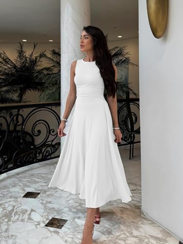 Kaximil Women's Boat Neck Sleeveless A Line Maxi Dress Ruffle Flowy Casual Long Dresses4