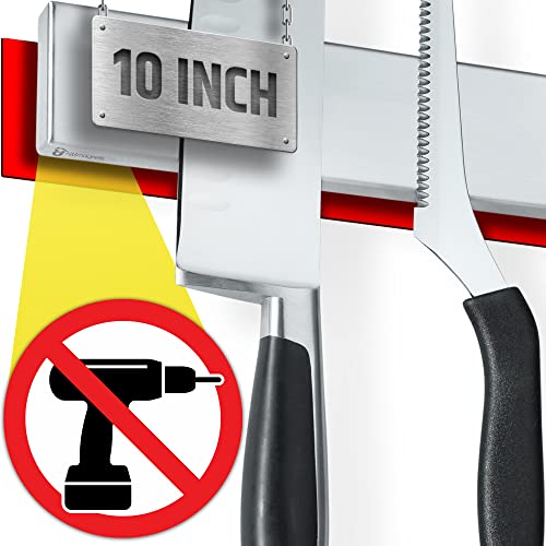 Image of 10 inch Strong Adhesive (No Drill) Magnetic Knife Holder for Wall - Professional Knife Strip - No Screws Needed - Adhesive Backing - Stainless Steel Bar (Upgraded Version - Will Not Fall)