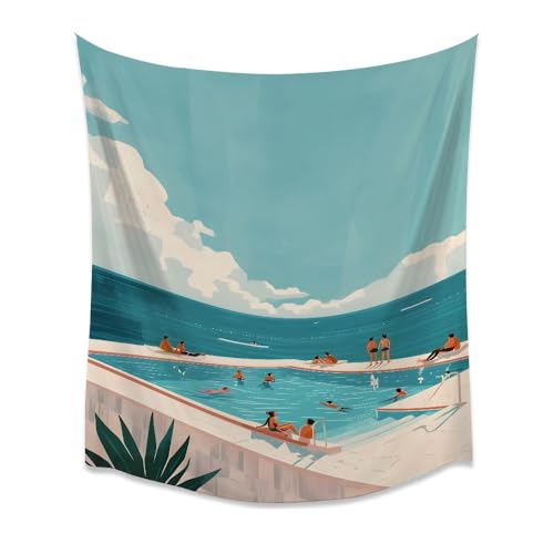 Vintage Preppy Seaside Infinity Pool Swimming Tapestry Mid Century Modern Coastal Tapestries Minimalist Abstract Pool People Wall Hanging Decor for Living Room Teen Girl Dorm Beach Housewhite30x40inch