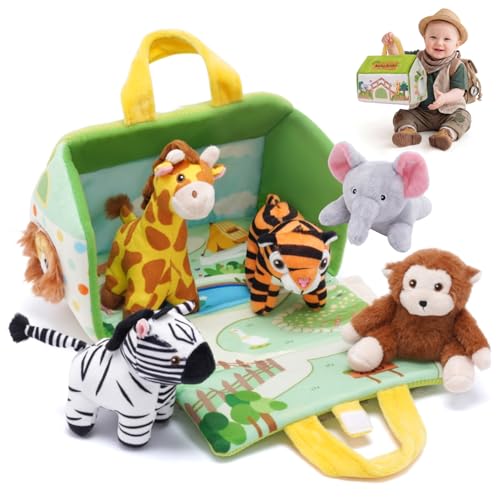 Image of Mini Zoo Stuffed Animals Set - 5 Soft Safari Animals with Carry House 9.8 inch | Ultra-Soft, Safe, Travel-friendly, Educational, Gift Ready