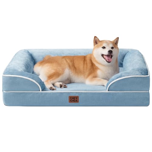 Image of EHEYCIGA Orthopedic Dog Beds for Large Dogs, Waterproof Memory Foam Large Dog Bed with Sides, Non-Slip Bottom and Egg-Crate Foam Pet Couch Bed with Washable Removable Cover, Washed Blue