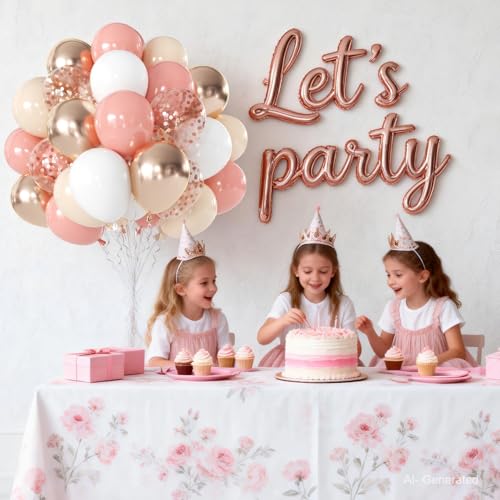 Image of Retro Blush Pink Balloons, Light Pink White Beige Gold Confetti, Party