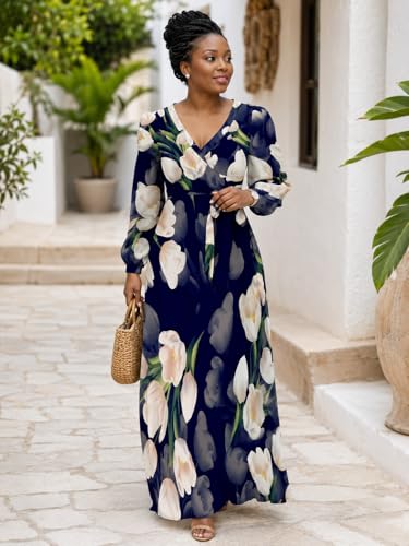 Image of PinkPatty Plus Size Dresses for Curvy Women V Neck Flowy Long Sleeves Wrap Maxi Dress Travel Vacation Outfits