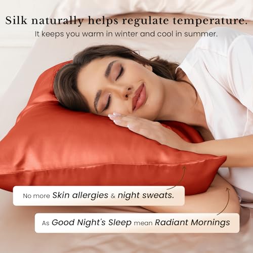 Image of THXSILK Silk Pillowcase for Hair and Skin, 100% Mulberry Silk Bed Pillowcase 25 Momme, Mulberry Silk Soft Breathable Silk Pillow Case with Hidden Zipper, King Size Pillow Case(Brick Red)
