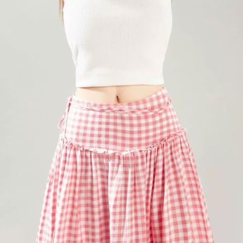 utcoco Womens Retro Plaid High Waist Patchwork Pleated A-line Skirt Cute Pink Checkered Long Skirts4
