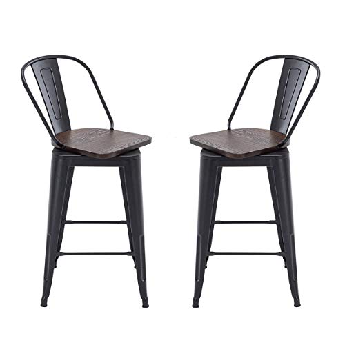 Andeworld 24 Inch Swivel Bar Stools Industrial Metal Barstools High Back Dining Bar Chairs Counter Height Stools With Wooden Seat Set Of 4(24 Inch Black) #TOP4