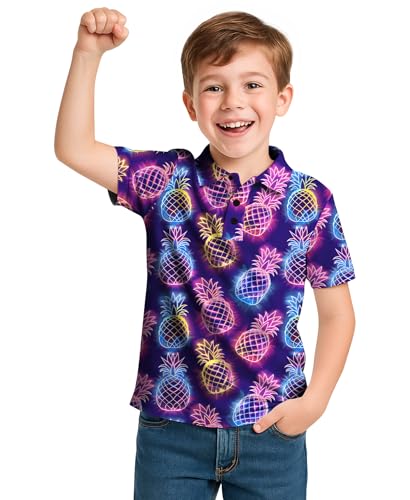 Weecreeture Boys Neon Graphic Polo Shirt Fun Printed Short Sleeve Golf Hawaiian Shirt – Summer, School, Party, Beach Wear Navy Neon Pineapple 9-10 Years