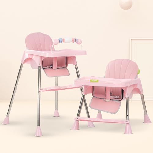 Image of Baybee Invictus 3-in-1 High Chair for Kids - Convertible Baby Feeding Chair with Adjustable Height & Footrest, Detachable Tray, Safety Harness & Cushioned Seat - Booster Chair for 6 Months to 4 Years (Pink)