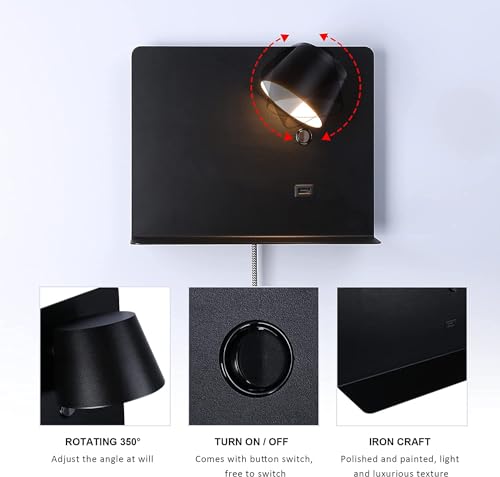Image of SUNLLOK LED Wall Lamp with USB Charging Port Case, Modern Reading Wall Sconces with Shleves, Adjustable Lampshade Source Warm White Wall Mounted Lamp Decoration for Living Room, Bedroom, Black