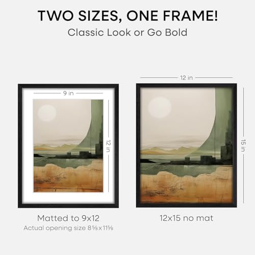 Image of Homeforia 12x15 Black Wood Picture Frame, High End Oak 12x15 Poster Frames with Mat 9x12 Print, 12 x 15 Black Wooden Frame Matted to 9 by 12 Photo, 15x12 Thin Frame, Tempered Glass, Wall Kit, Set of 1