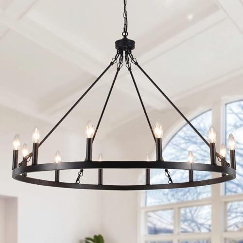 Image of 12-Lights Black Wagon Wheel Chandelier 38 inch Industrial Hanging Light Fixture for Dining Room Farmhouse Round Chandeliers for Living Room Foyer Hallway Kitchen Island Entryway
